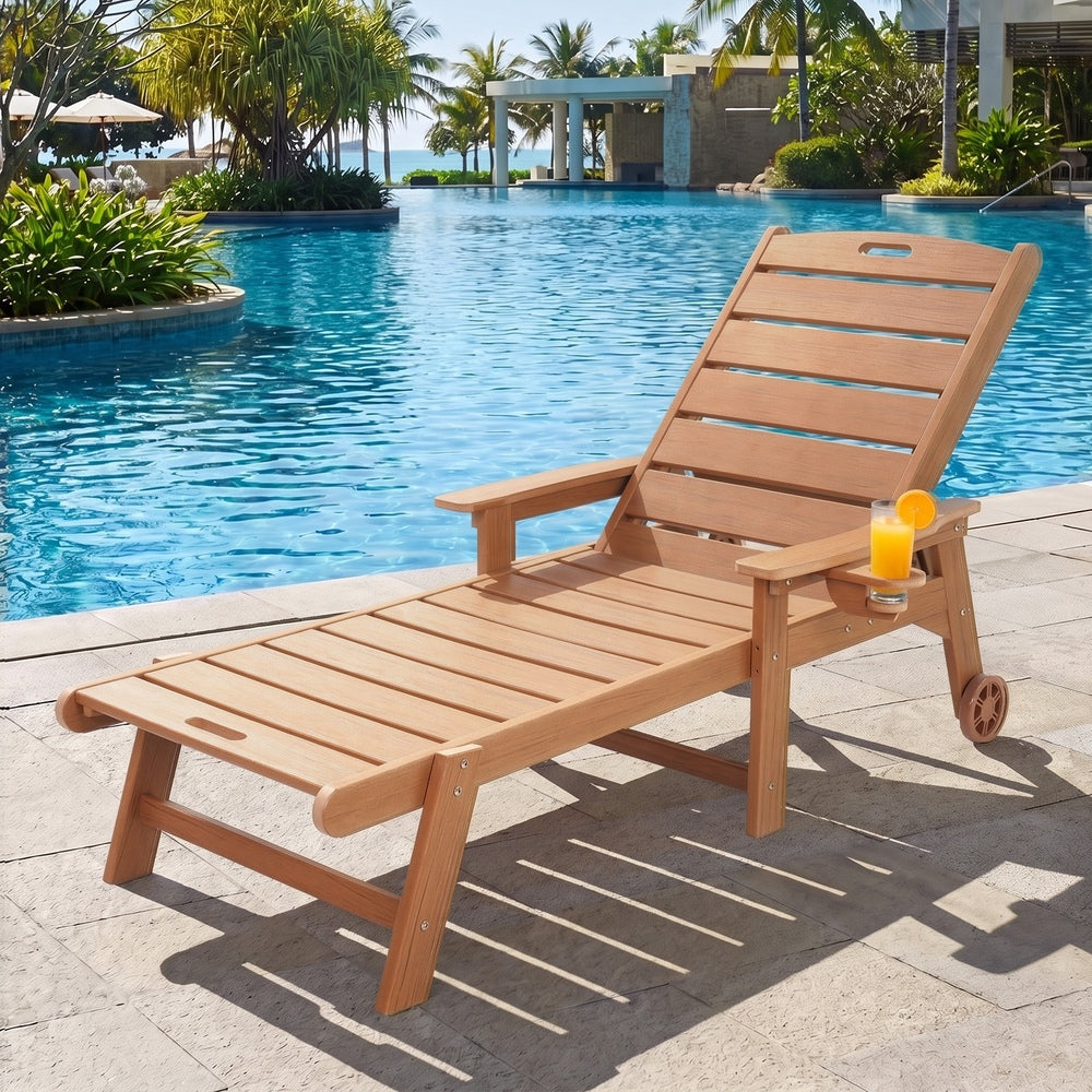 Livsip 2PCS Sun Lounges HDPE Outdoor Pool Lounger Adjustable Cup Holder Natural
