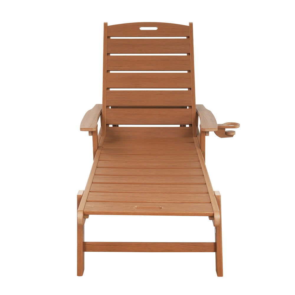 Livsip 2PCS Sun Lounges HDPE Outdoor Pool Lounger Adjustable Cup Holder Natural