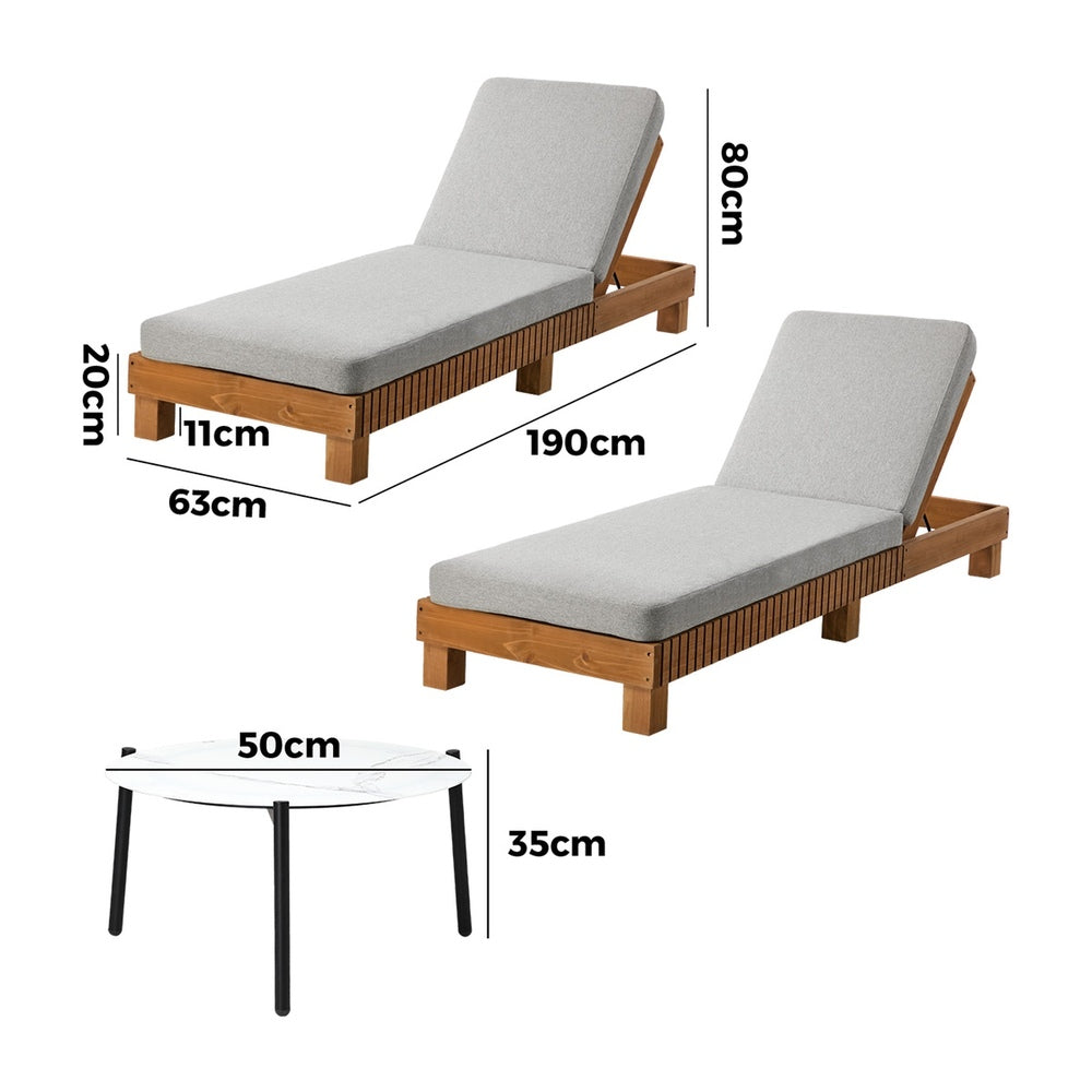 Sun Lounge Set with Matching Glass Coffee Table, Beige, 3-Piece