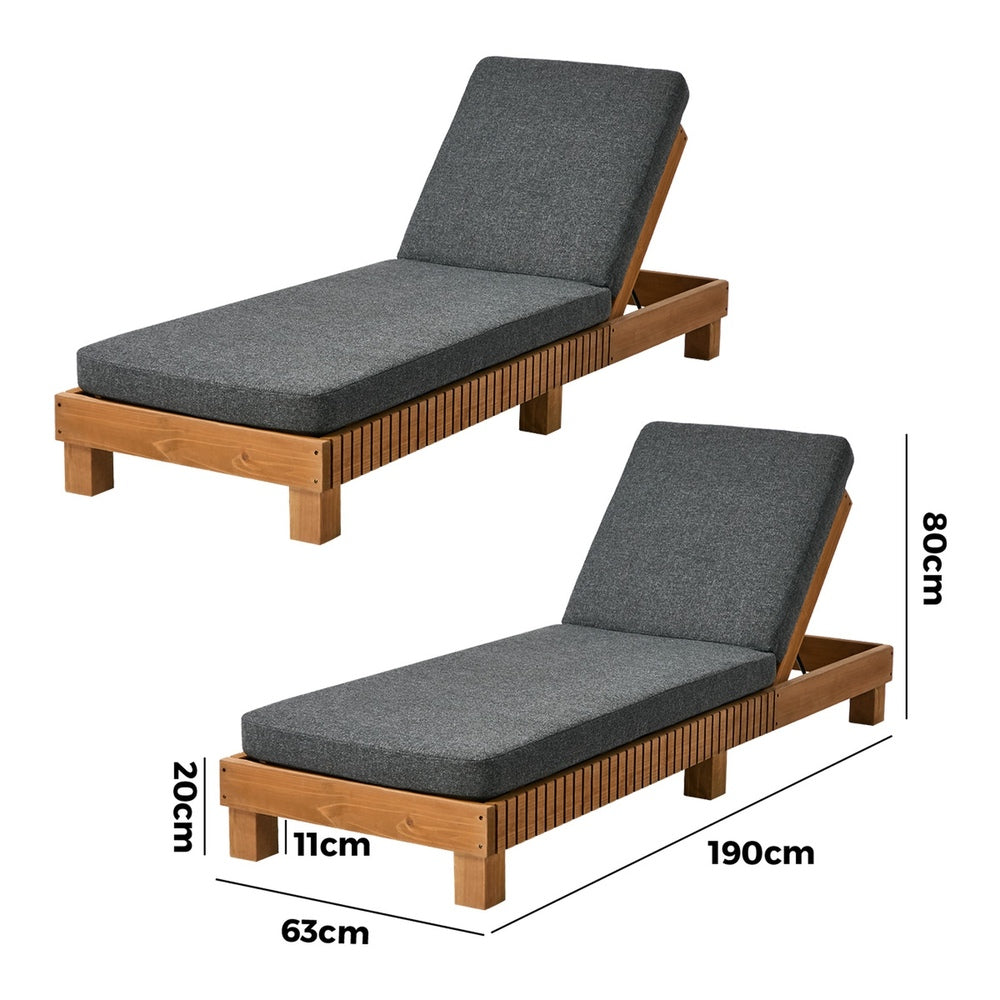2pc Ribbon Outdoor Sun Lounge Set, Grey, 4-Level Backrest, 150kg