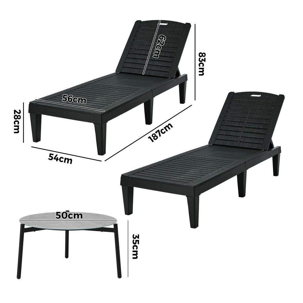 Livsip 3‑Piece Sun Lounge Set – Black, 5‑Level Recline, Table Included