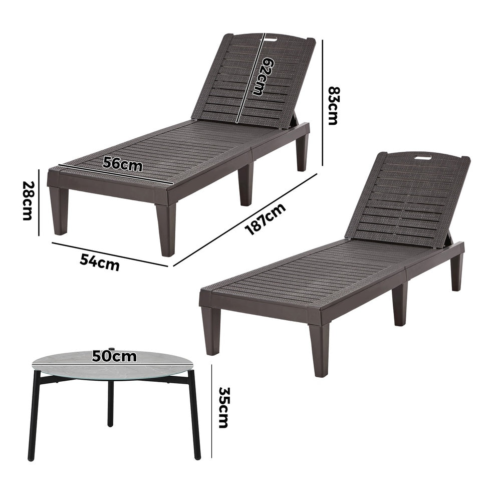 Livsip 3‑Piece Sun Lounge Set – Brown, 5‑Level Recline, Table Included