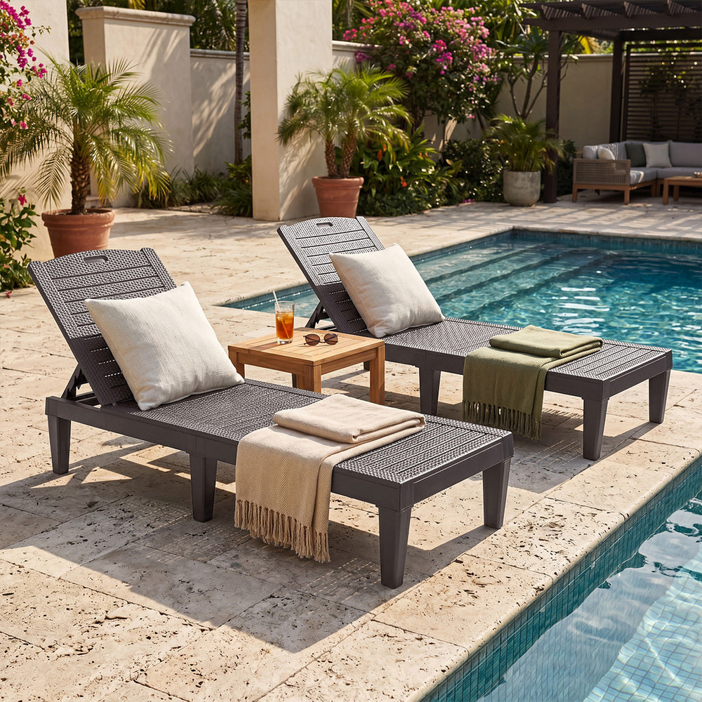 Livsip 2× Sun Loungers – Brown, 5‑Level Adjustable Backrest, 150kg Capacity