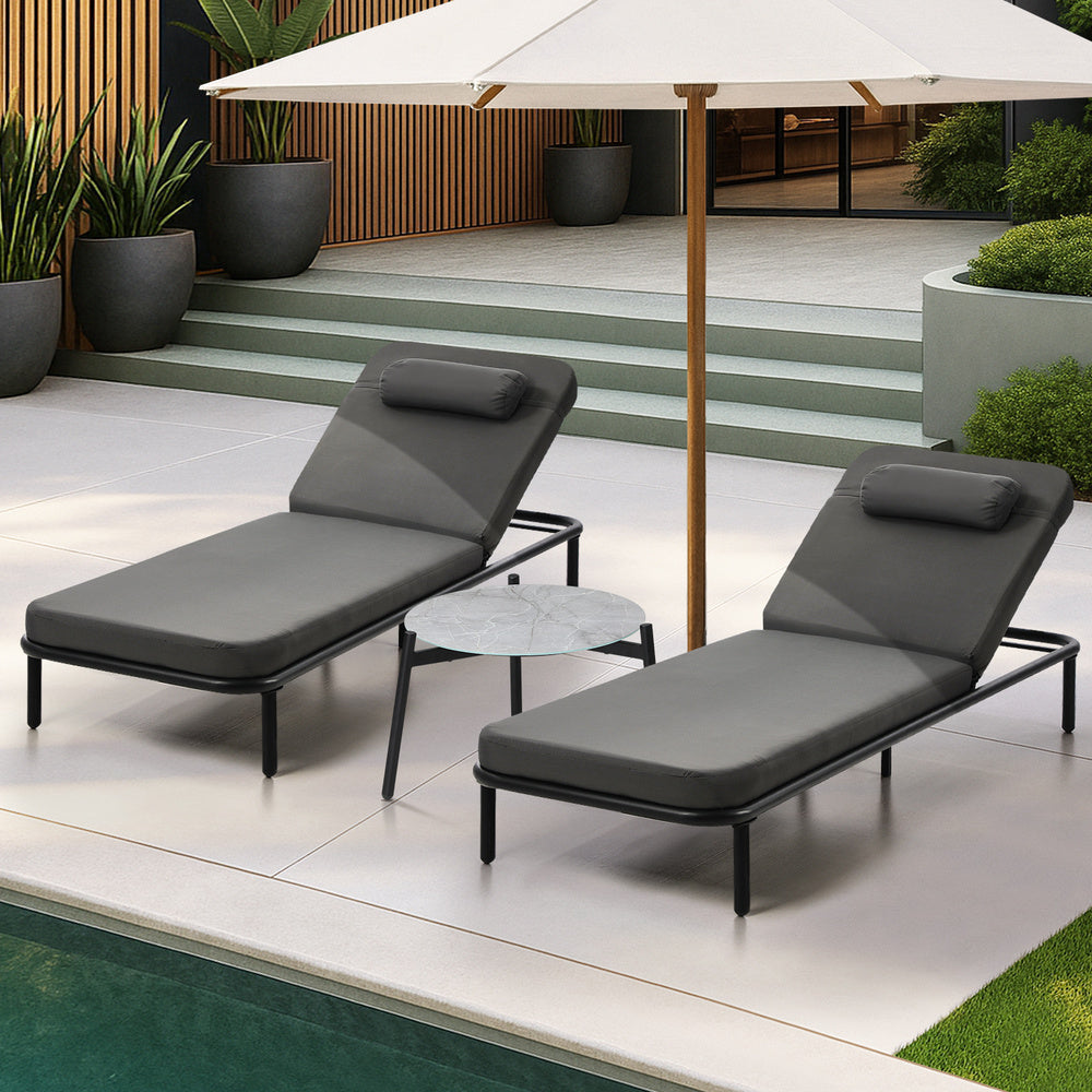 Livsip 3PCS Sun Lounge Outdoor Lounger Set Table Chairs Grey