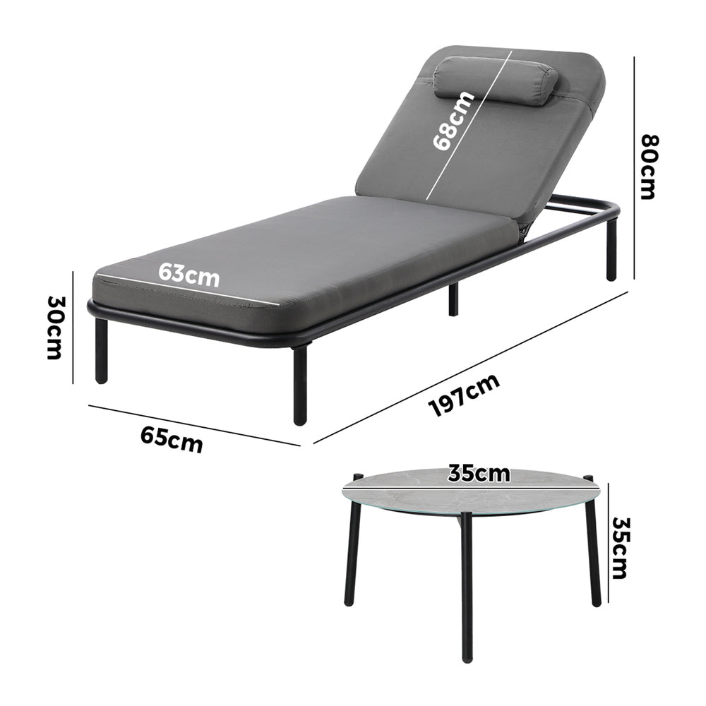 Livsip 3PCS Sun Lounge Outdoor Lounger Set Table Chairs Grey