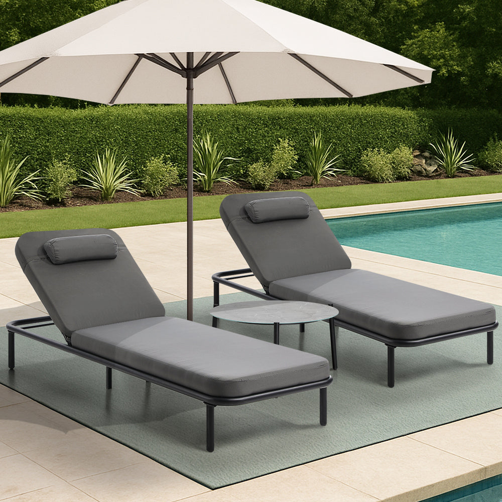 Livsip 3PCS Sun Lounge Outdoor Lounger Set Table Chairs Grey