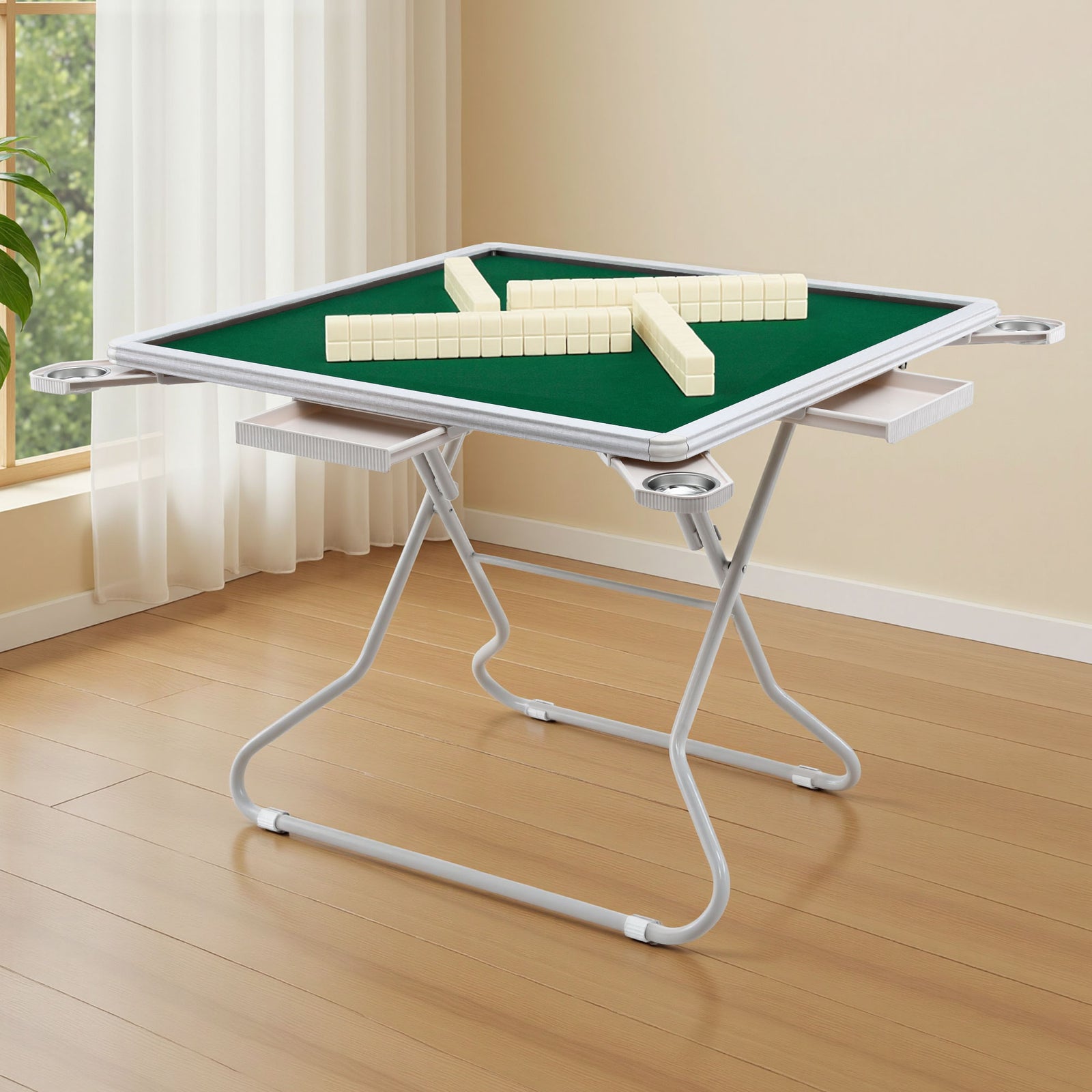 Folding Mahjong Table for Home with 4 Drawers and Cup Holders Green