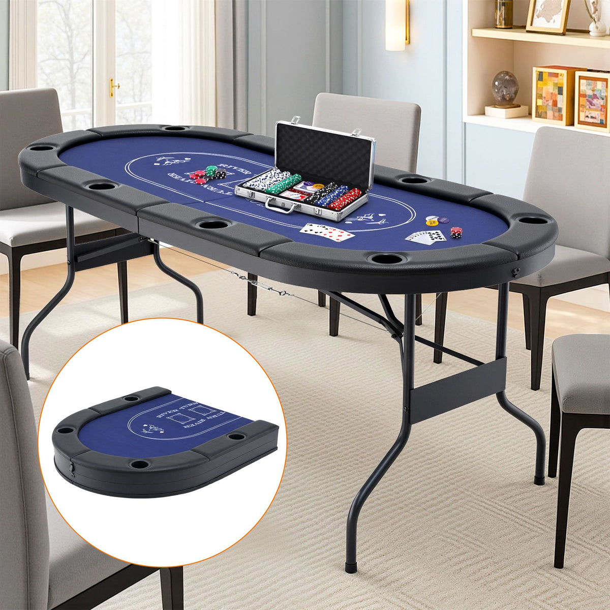 8 Player 1.8m Folding Poker Table and 300pcs Chips Set Portable Blue Set