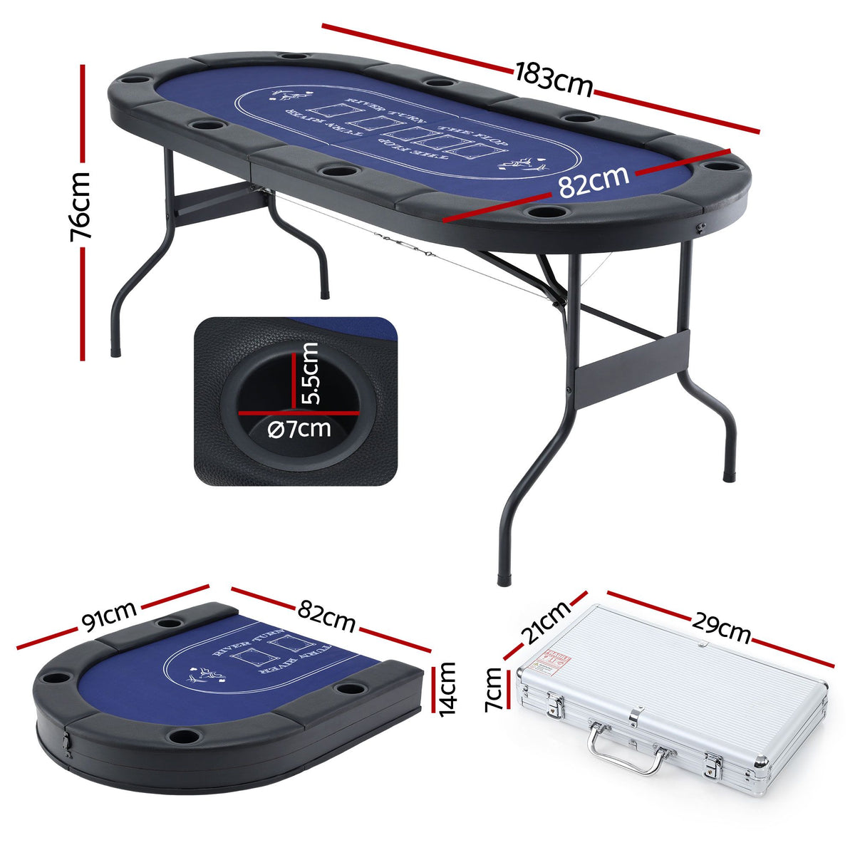 8 Player 1.8m Folding Poker Table and 300pcs Chips Set Portable Blue Set
