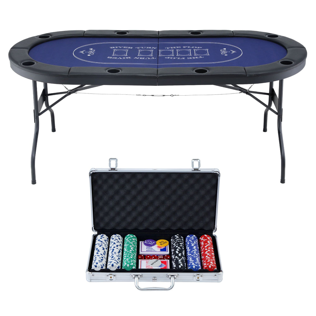 8 Player 1.8m Folding Poker Table and 300pcs Chips Set Portable Blue Set