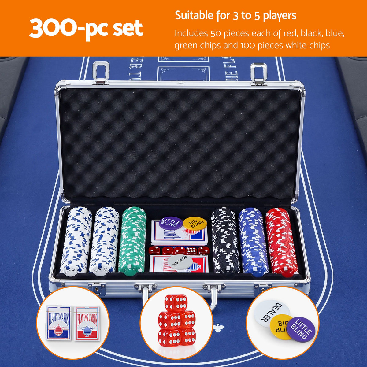 8 Player 1.8m Folding Poker Table and 300pcs Chips Set Portable Blue Set