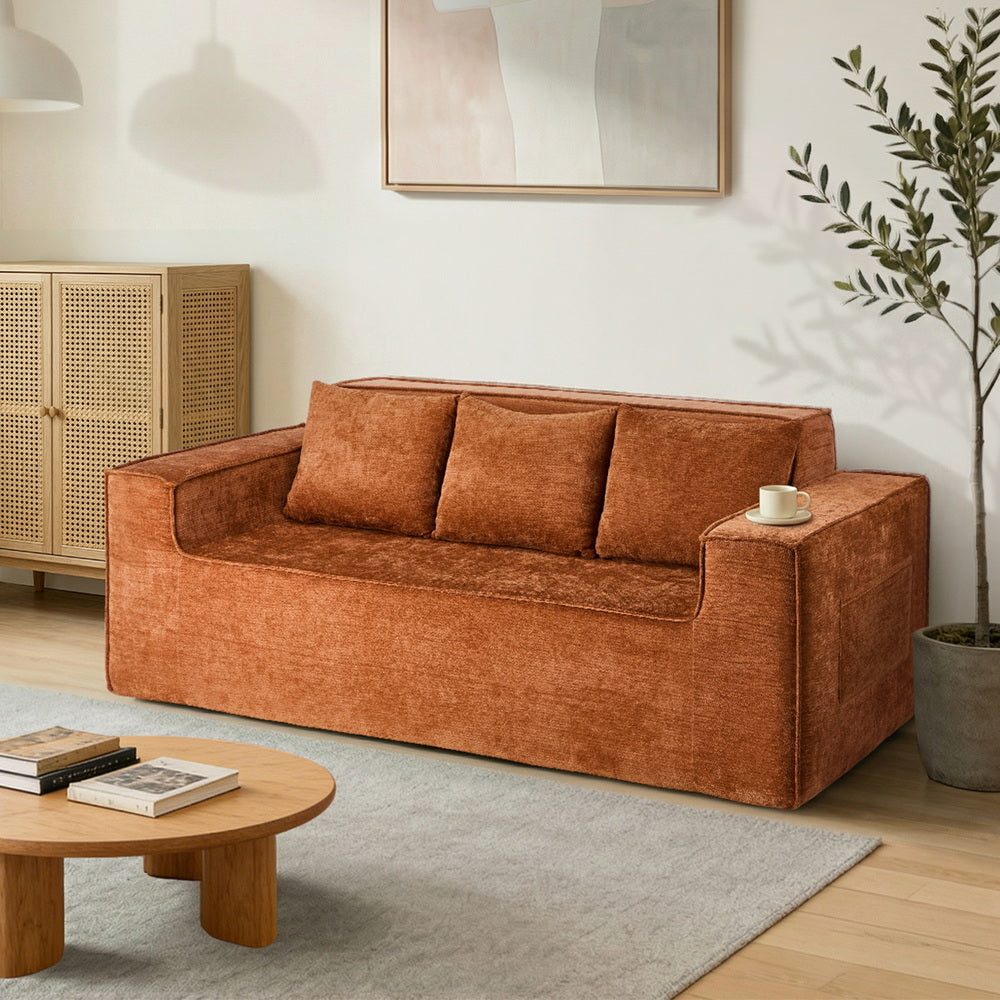 3‑Seater Chenille Sofa Brown – Compressed Box, Plush Padding, No Assembly