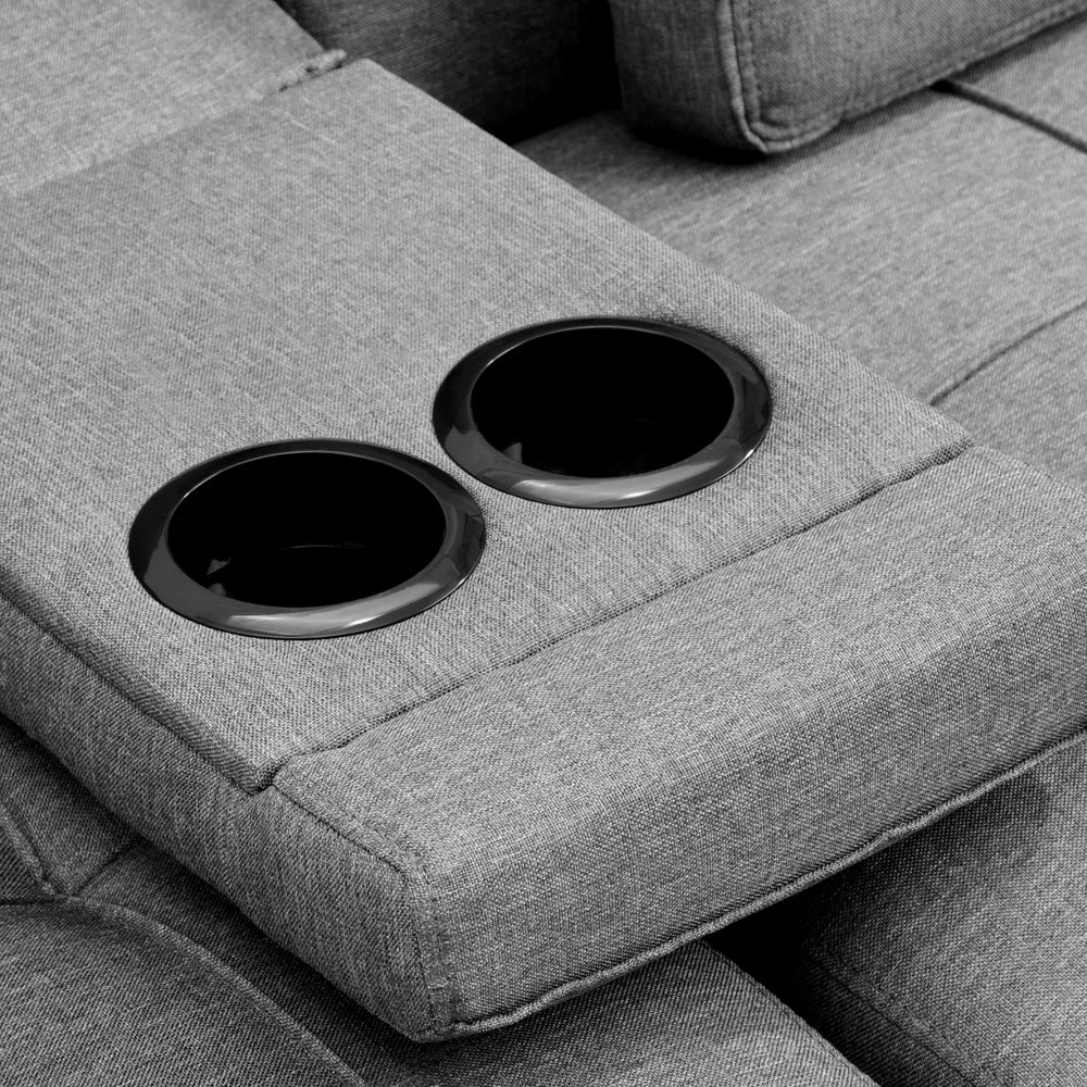 3 Seater Sofa Bed with Cup Holders Grey Fabric