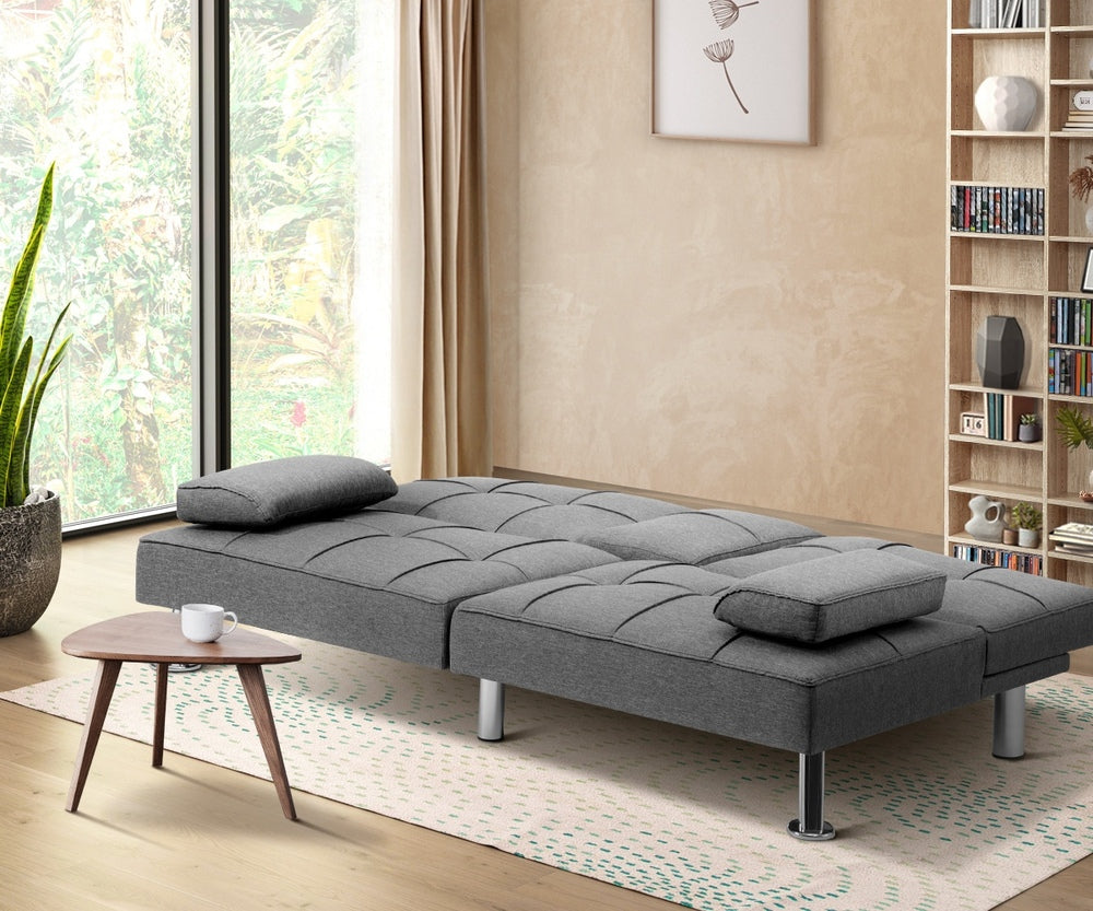 3 Seater Sofa Bed with Cup Holders Grey Fabric