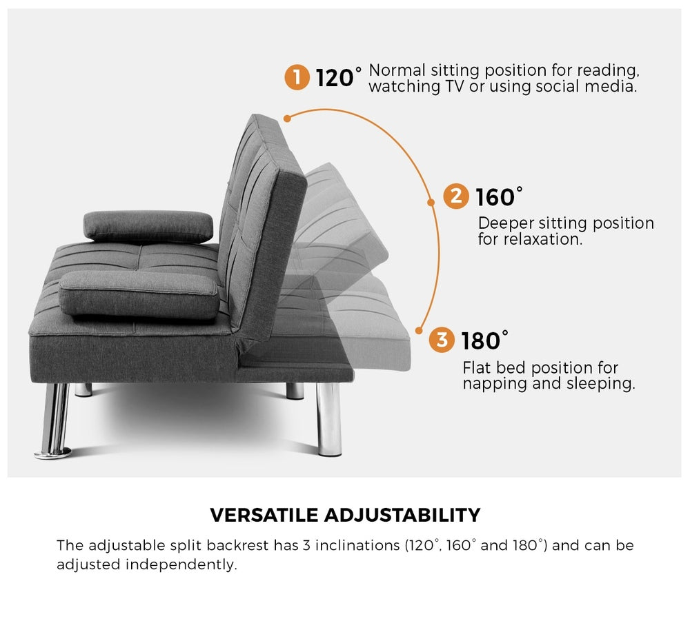 3 Seater Sofa Bed with Cup Holders Grey Fabric