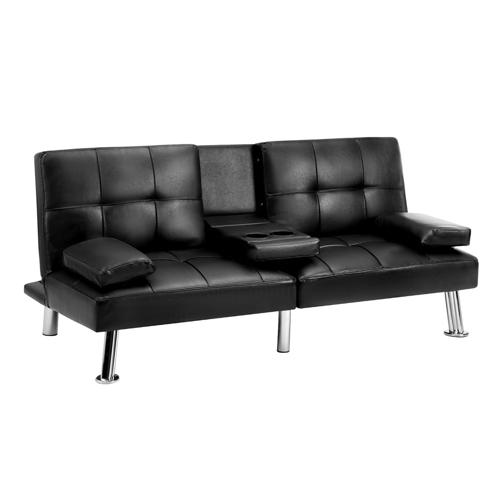 3-Seater Sofa Bed with Cup Holders Black Leather