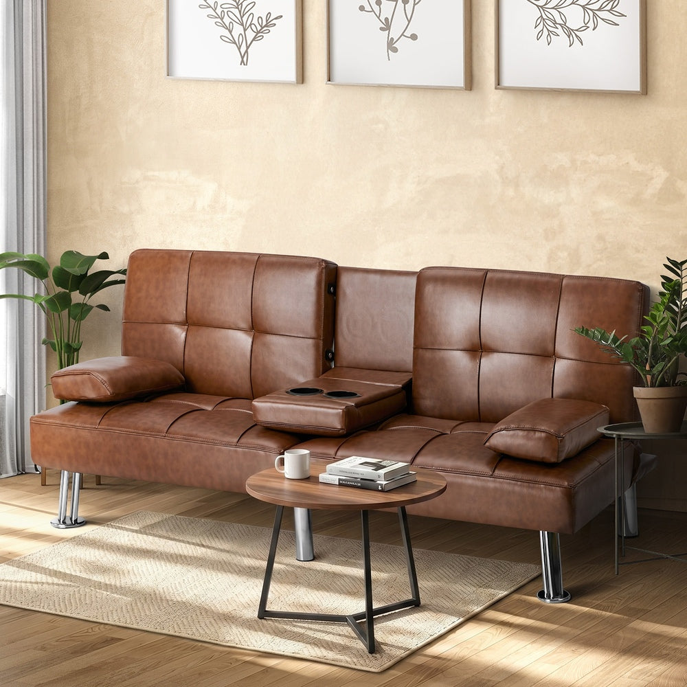 Sofa Bed Cup Holders Convertible Faux Leather Brown
