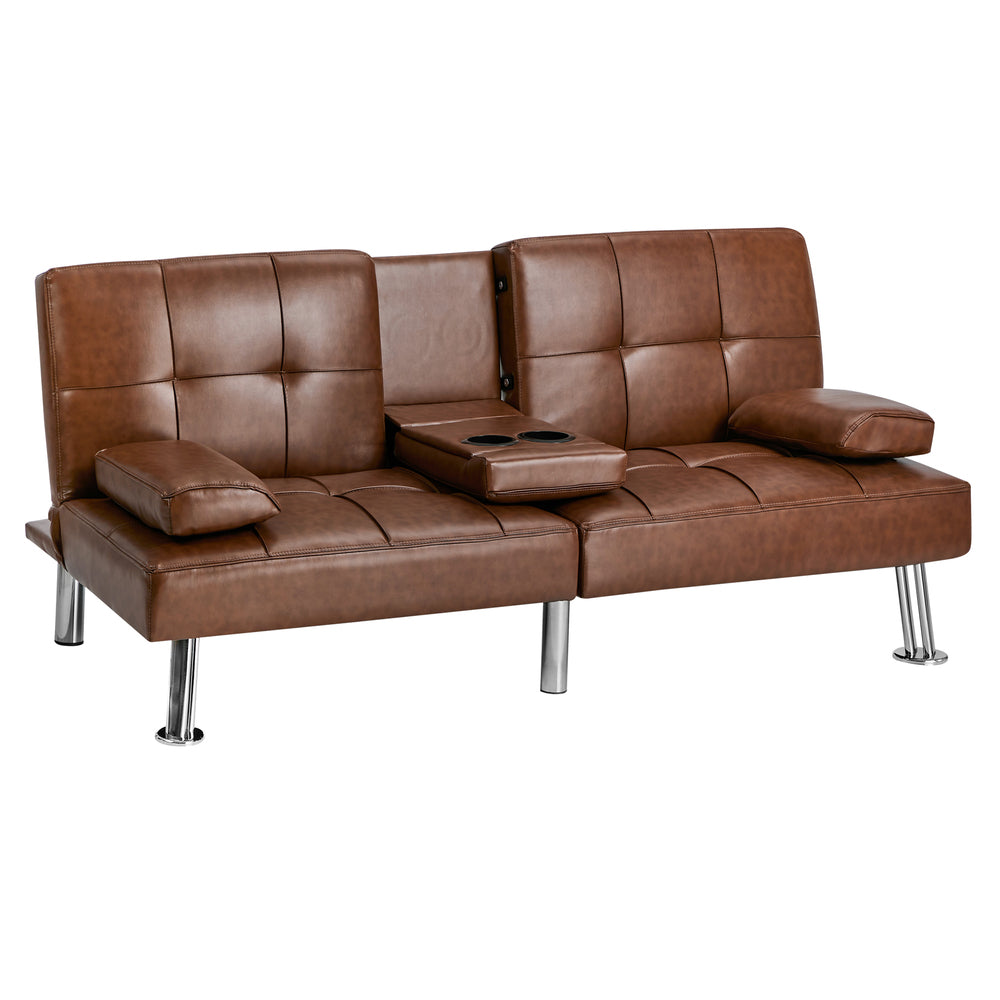 Sofa Bed Cup Holders Convertible Faux Leather Brown