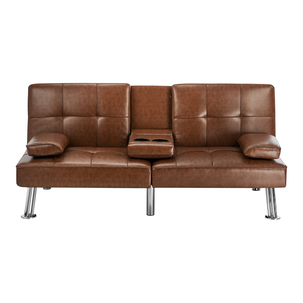 Sofa Bed Cup Holders Convertible Faux Leather Brown