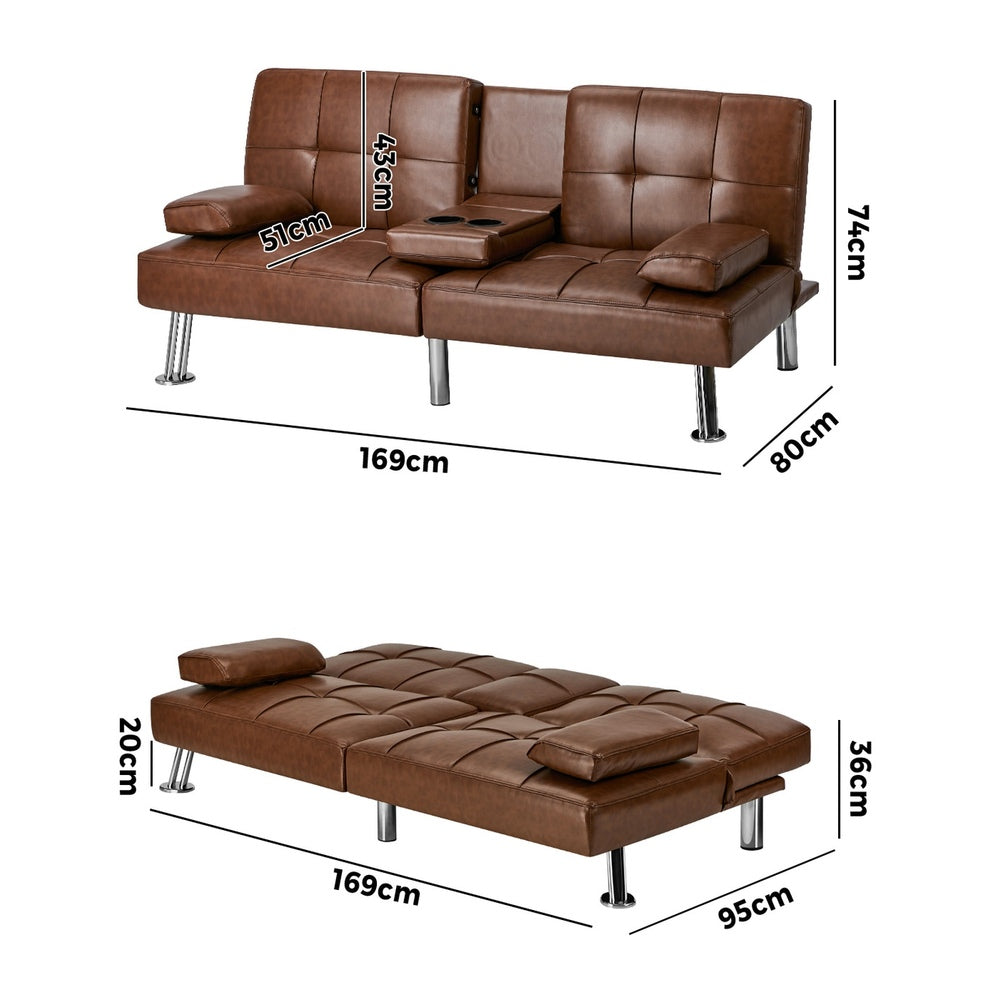 Sofa Bed Cup Holders Convertible Faux Leather Brown