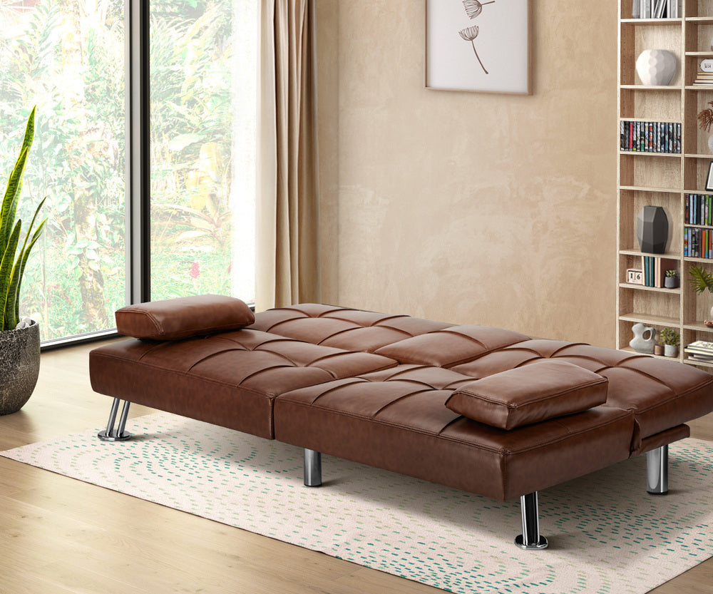 Sofa Bed Cup Holders Convertible Faux Leather Brown