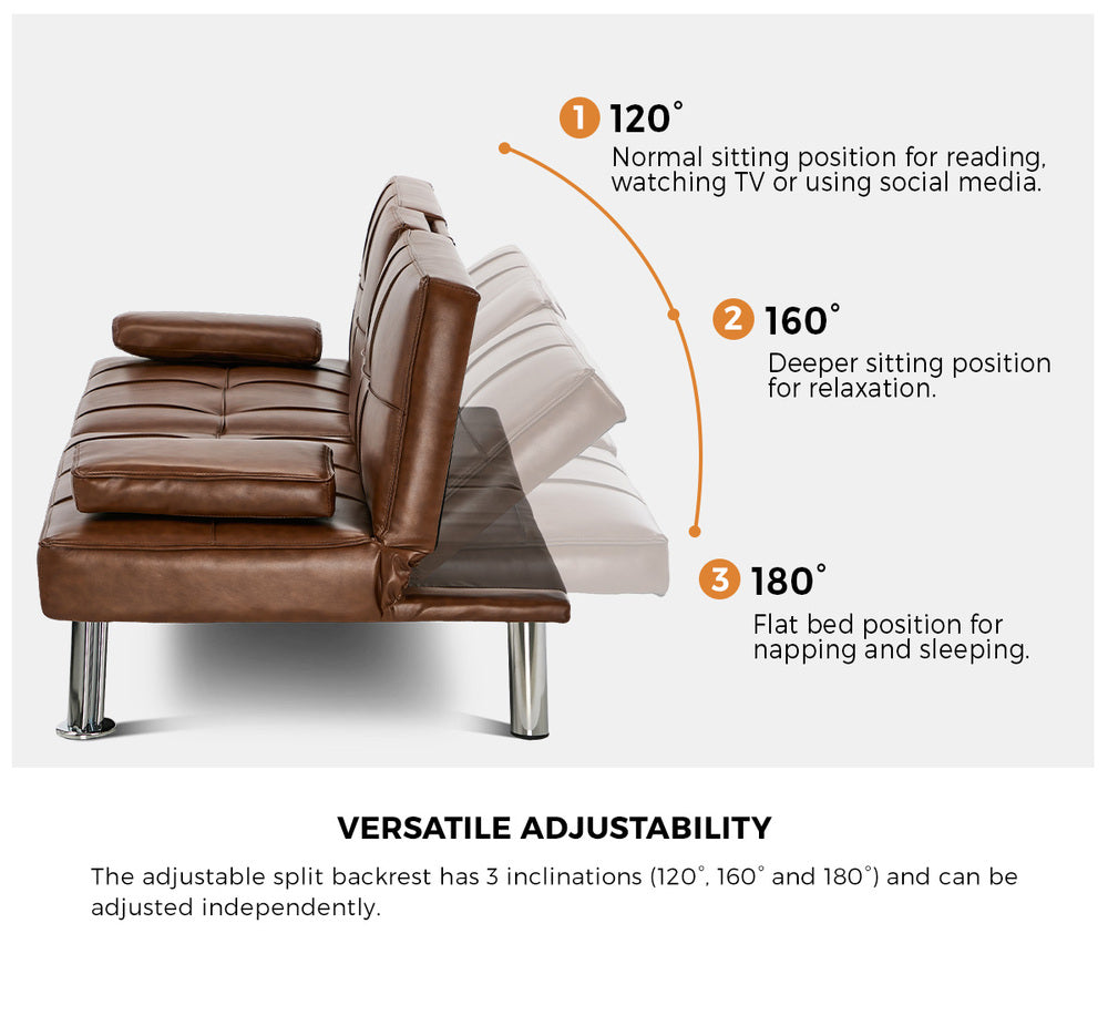 Sofa Bed Cup Holders Convertible Faux Leather Brown
