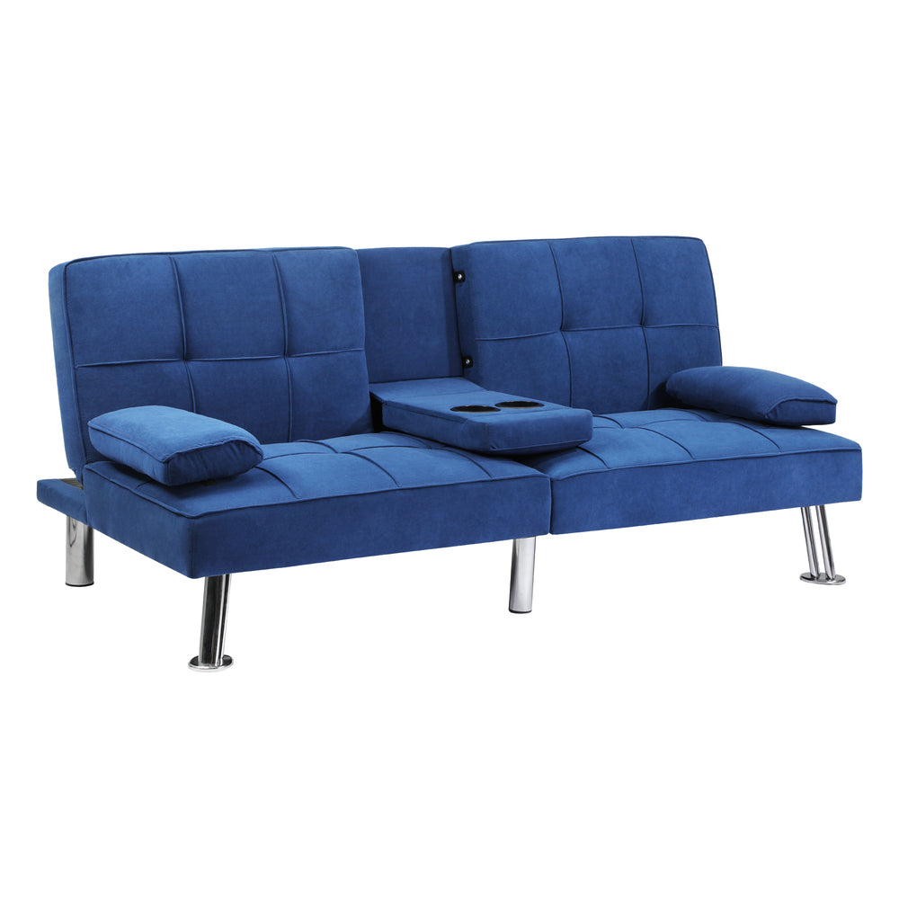 Oikiture Sofa Bed 3 Seater with Cup Holder Velvet Blue