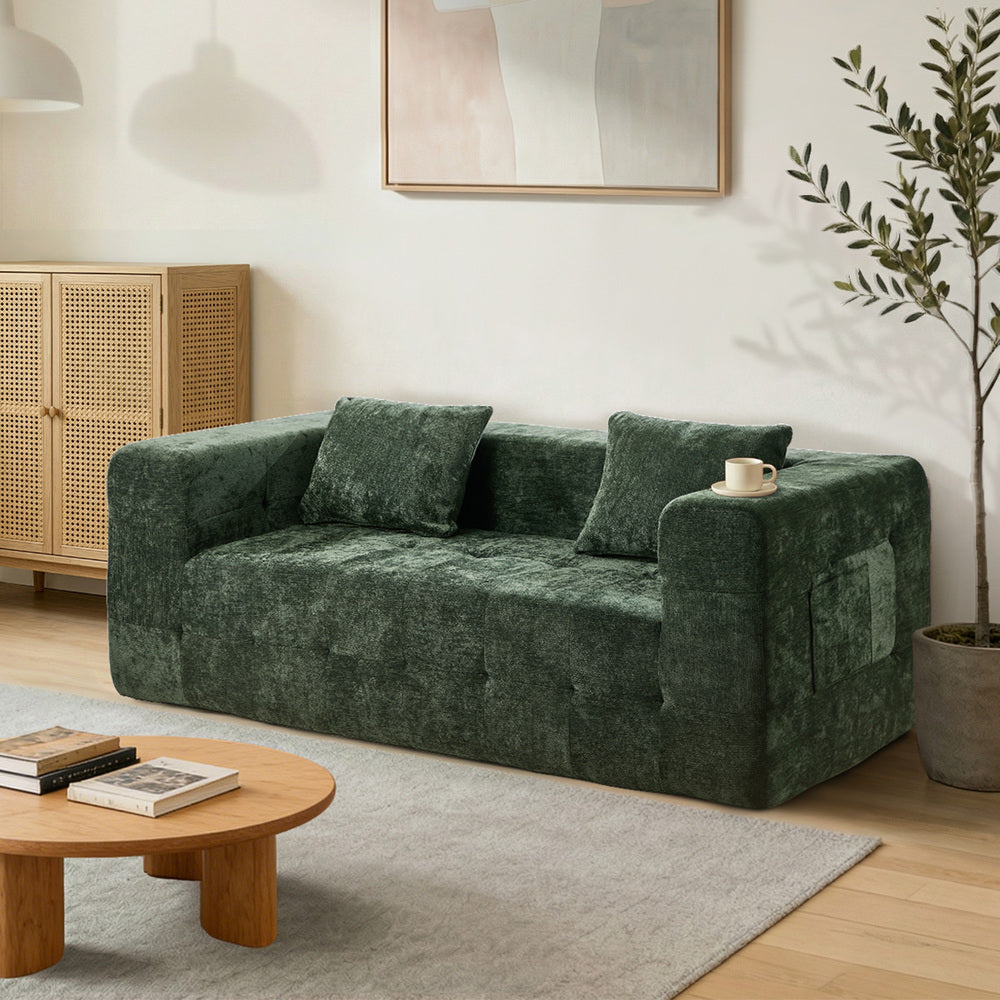 3‑Seater Chenille Sofa Green – Button Tufted, Compressed Box, No Assembly