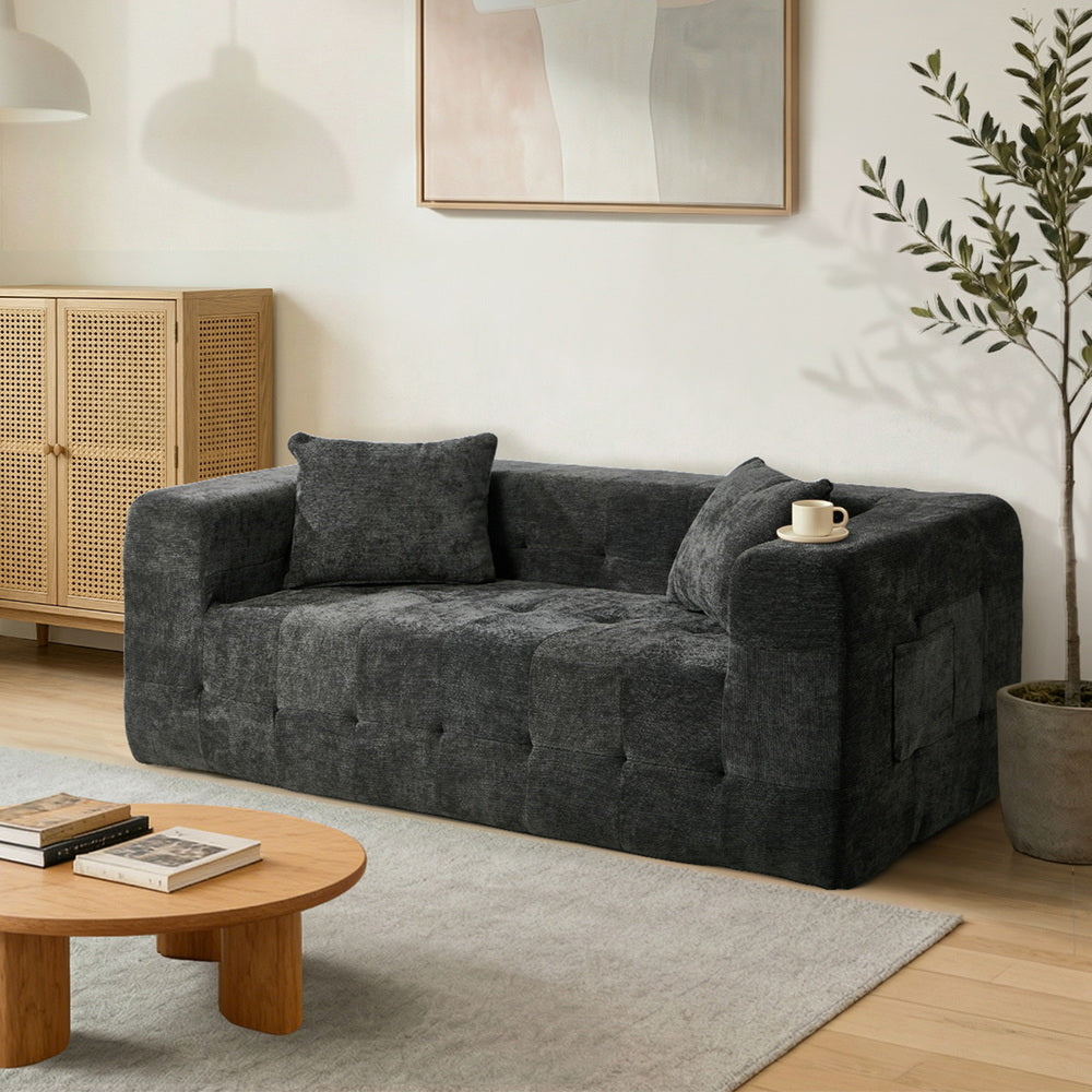3‑Seater Chenille Sofa Grey – Button Tufted, Compressed Box, No Assembly