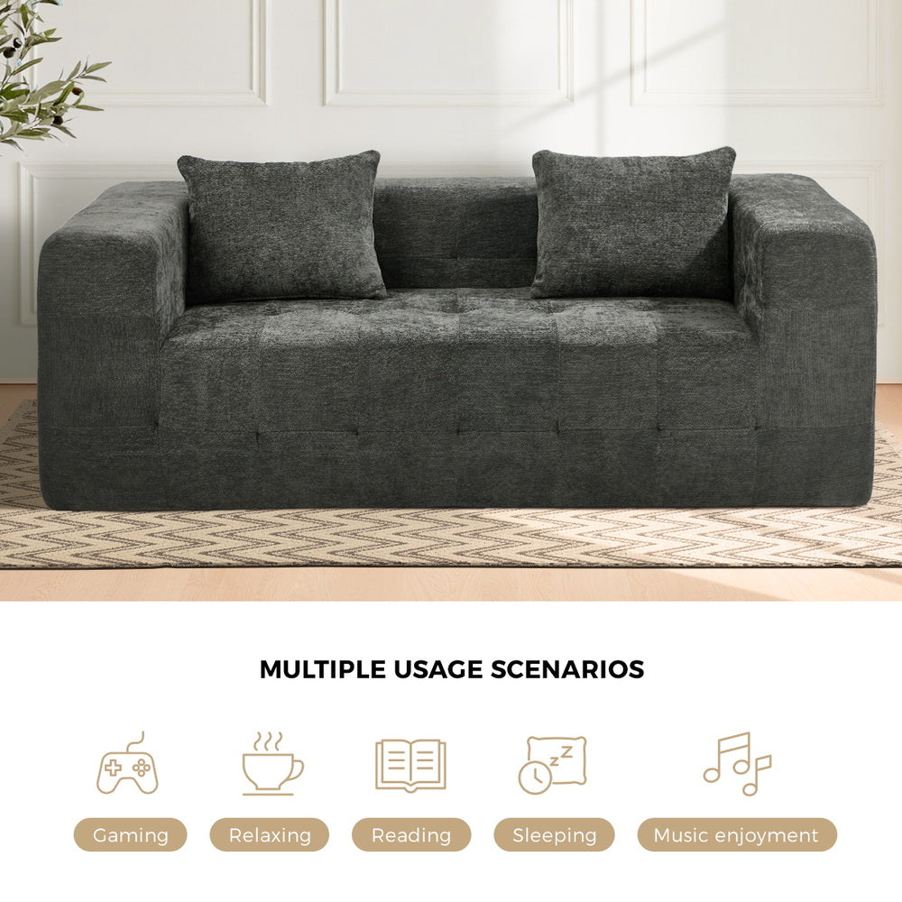 3‑Seater Chenille Sofa Grey – Button Tufted, Compressed Box, No Assembly