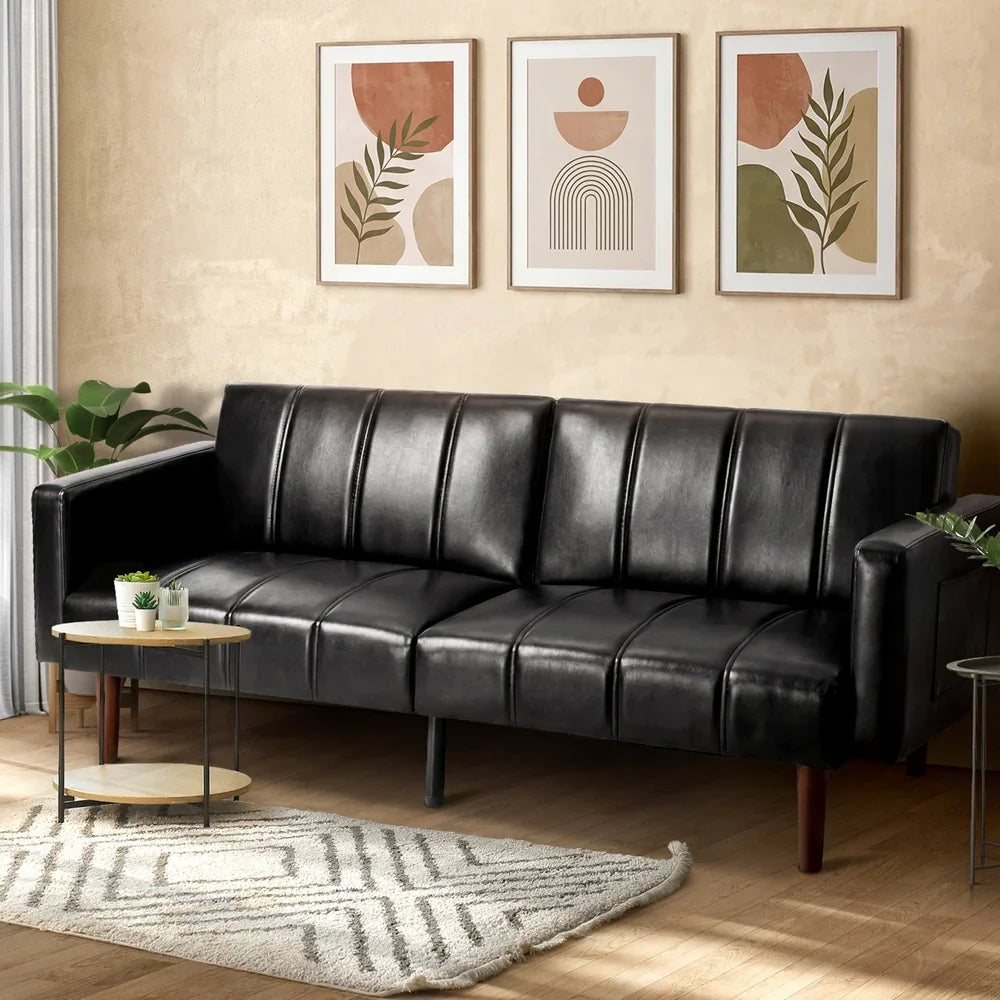 3-Seater Sofa Bed Convertible Recliner Faux Leather Black