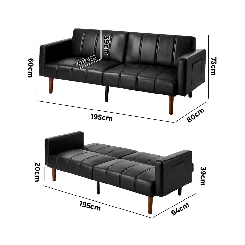 3-Seater Sofa Bed Convertible Recliner Faux Leather Black