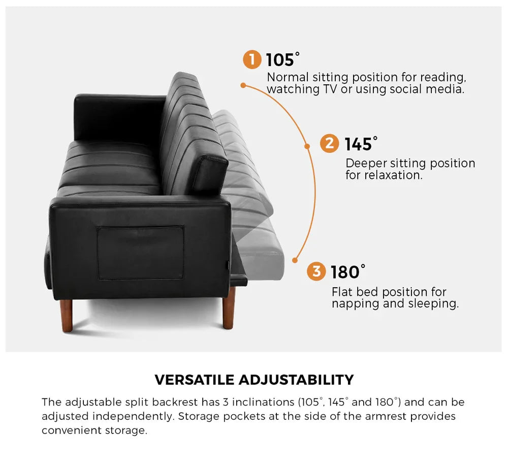 3-Seater Sofa Bed Convertible Recliner Faux Leather Black