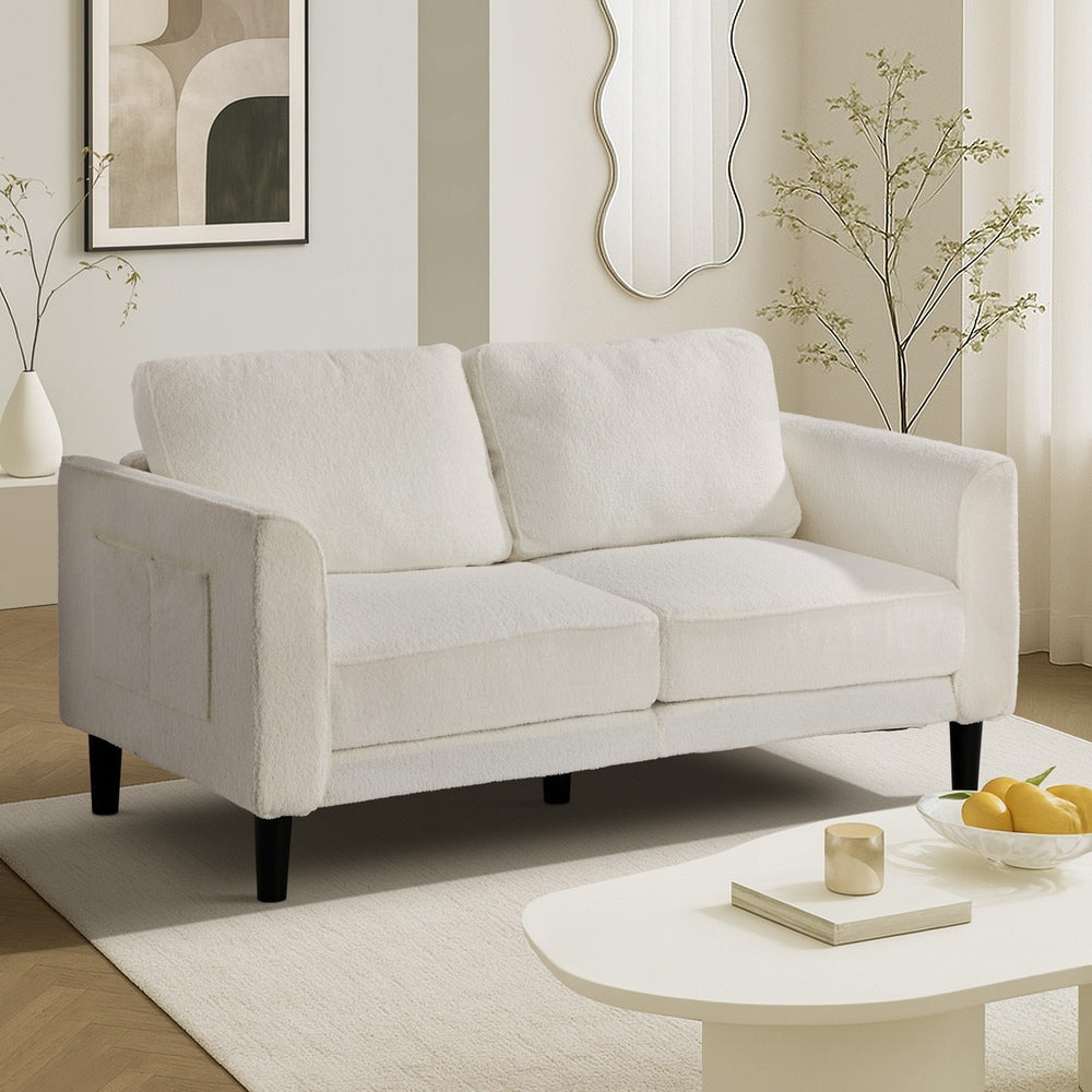 Oikiture 2‑Seater Sofa – 150cm White Bouclé, Curved Arms, HD Foam