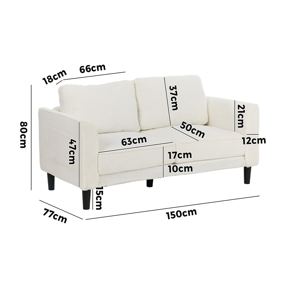 Oikiture 2‑Seater Sofa – 150cm White Bouclé, Curved Arms, HD Foam