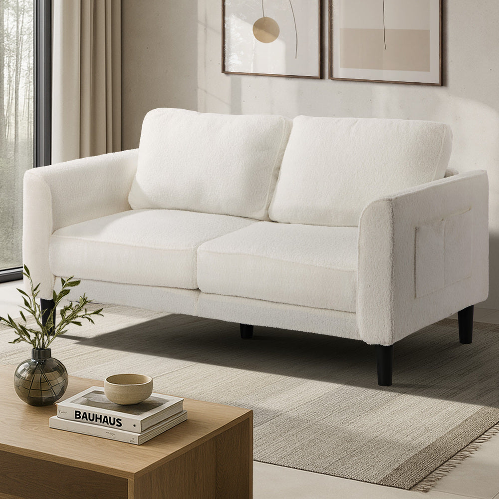 Oikiture 2‑Seater Sofa – 150cm White Bouclé, Curved Arms, HD Foam