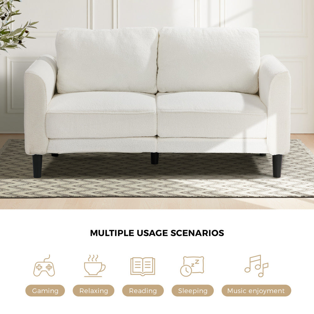 Oikiture 2‑Seater Sofa – 150cm White Bouclé, Curved Arms, HD Foam