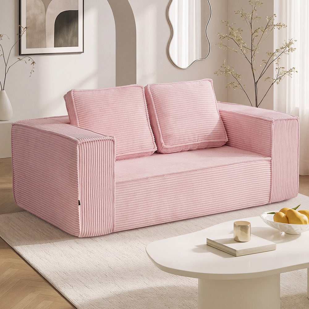 Oikiture Compressed Foam Sofa 2 Seater Pink Couch Corduroy