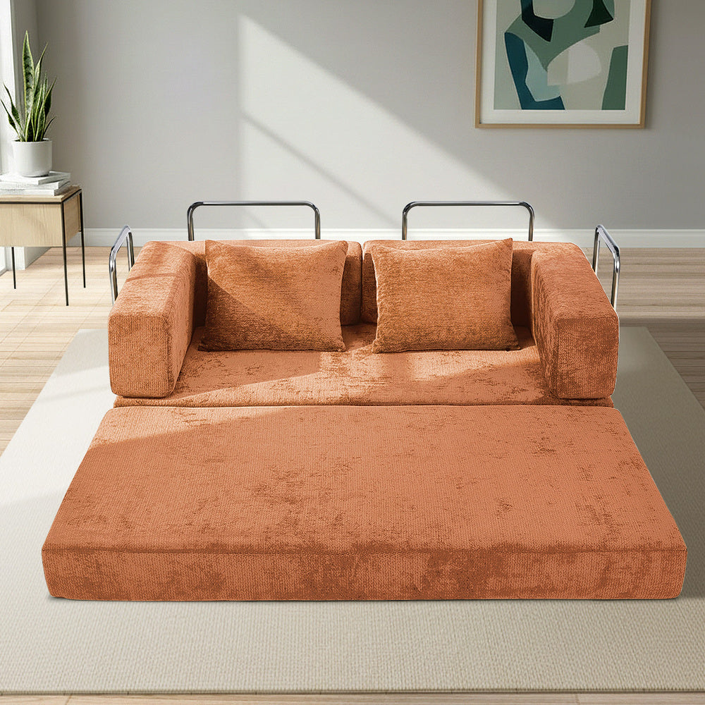 Convertible Sofa Bed Chenille Sleeper Couch Burnt Orange