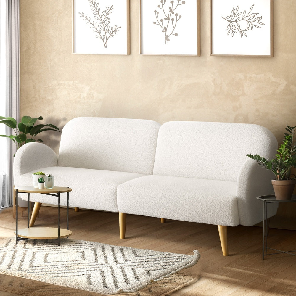 3‑Seater Sofa Bed – Sherpa Fleece, Split Backrest, White, 196cm