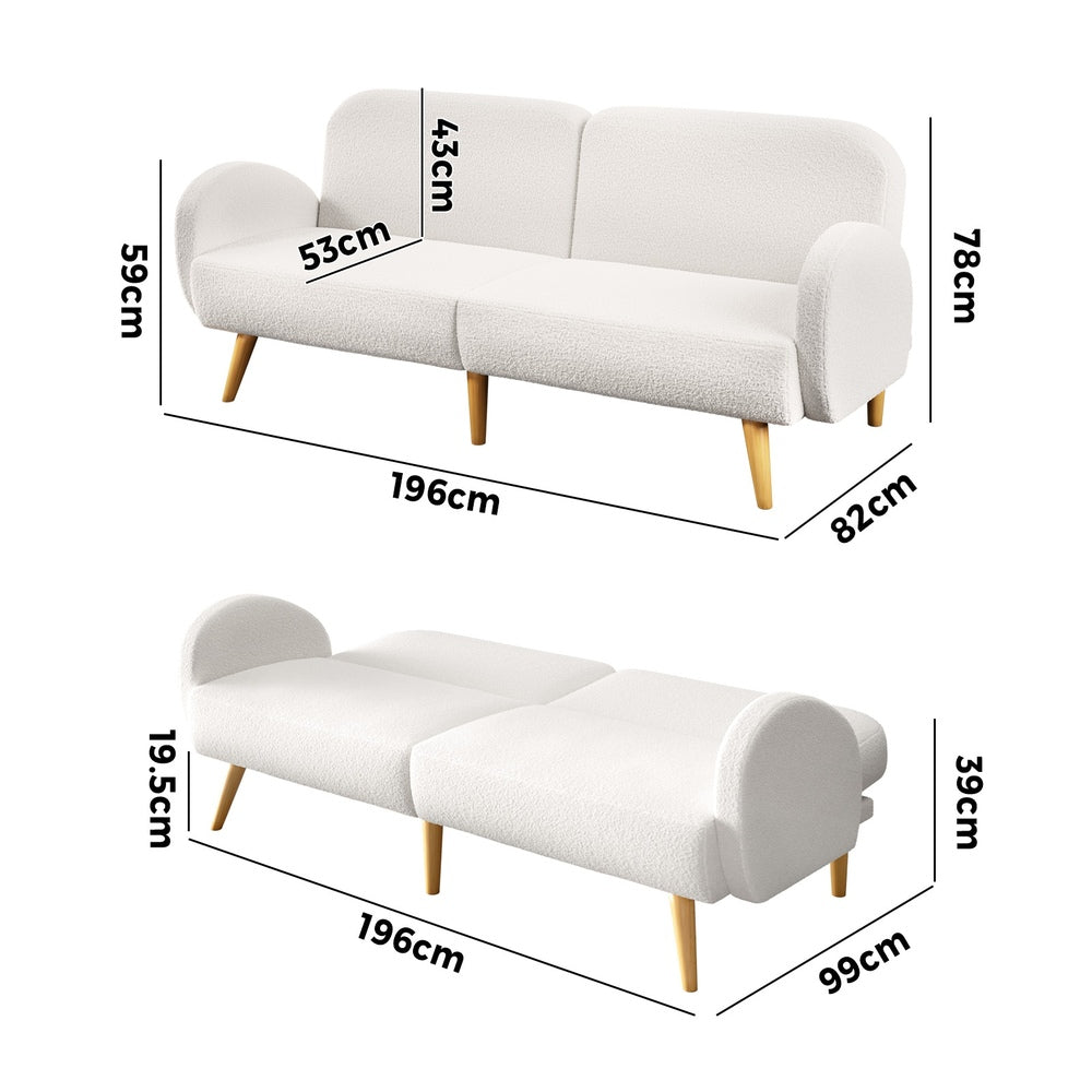 3‑Seater Sofa Bed – Sherpa Fleece, Split Backrest, White, 196cm