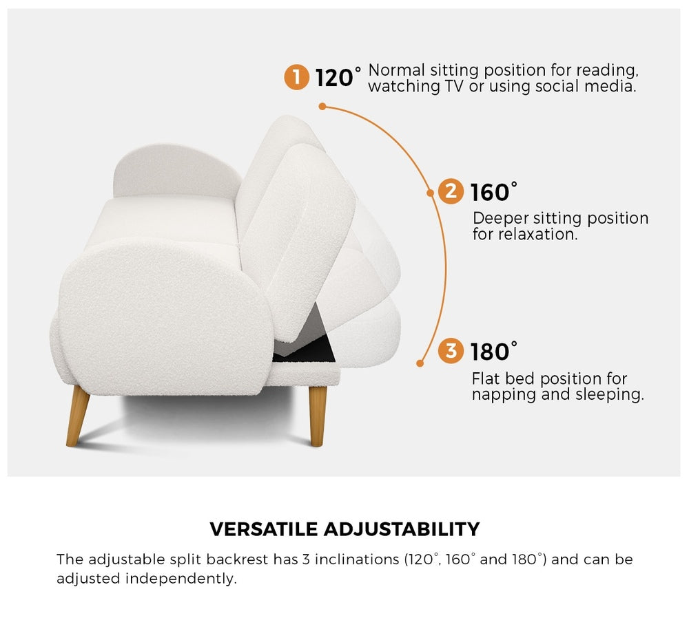3‑Seater Sofa Bed – Sherpa Fleece, Split Backrest, White, 196cm