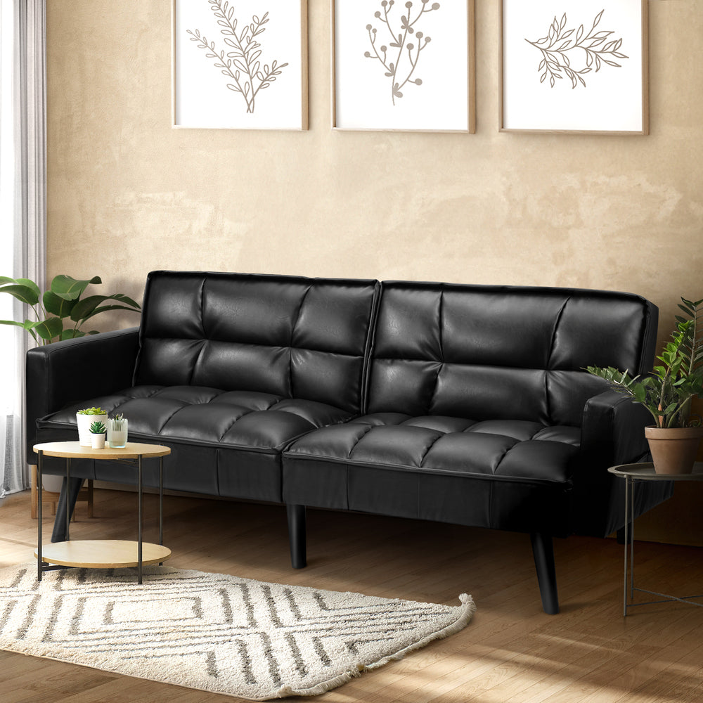 Sofa Bed Futon Convertible Leather 3-Seater Black