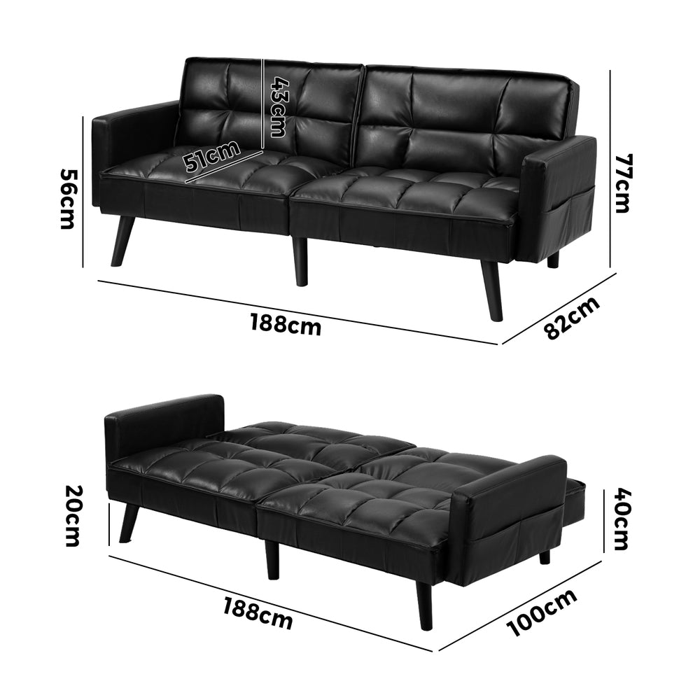 Sofa Bed Futon Convertible Leather 3-Seater Black