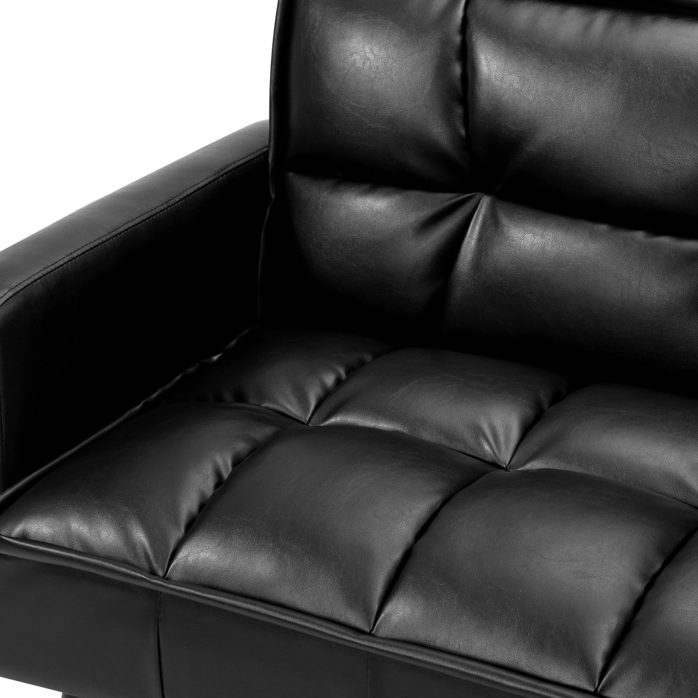 Sofa Bed Futon Convertible Leather 3-Seater Black