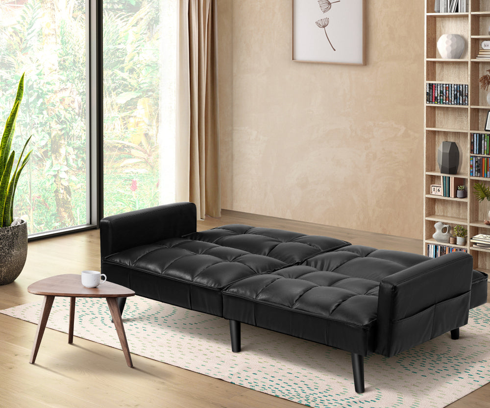 Sofa Bed Futon Convertible Leather 3-Seater Black