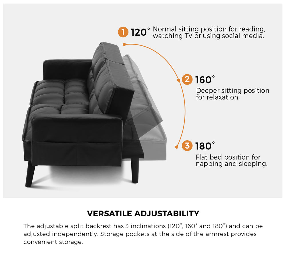 Sofa Bed Futon Convertible Leather 3-Seater Black