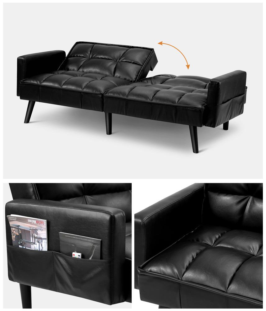 Sofa Bed Futon Convertible Leather 3-Seater Black