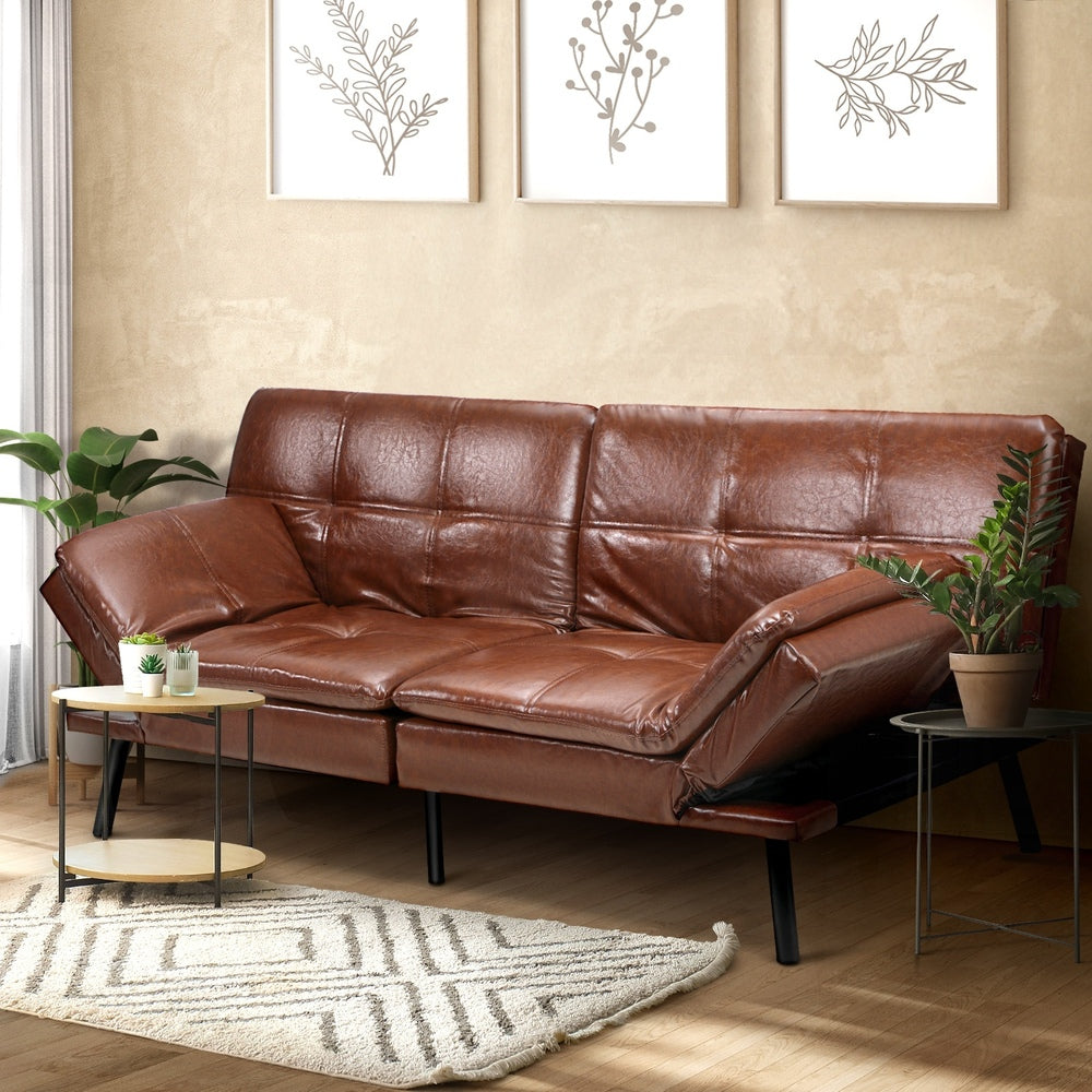 Oikiture Sofa Bed 3-Seater Convertible Leather Brown