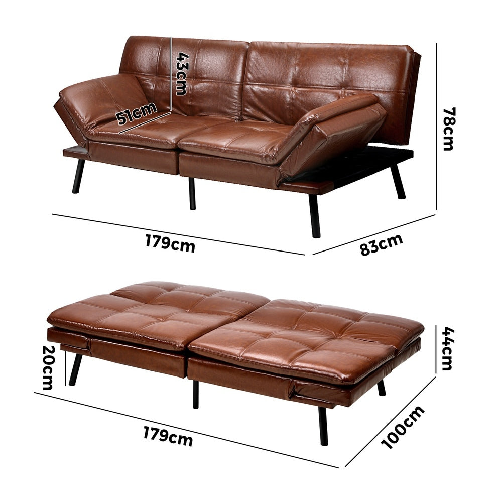 Oikiture Sofa Bed 3-Seater Convertible Leather Brown